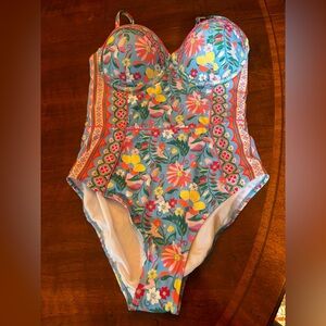 Boden Portofino Floral Print One Piece Swimsuit Bathing Suit Blue 36DD